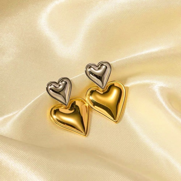 Bicolor Double Heart Earrings*Waterproof*Sweatproof*Tarnish Free - Picture 3 of 6